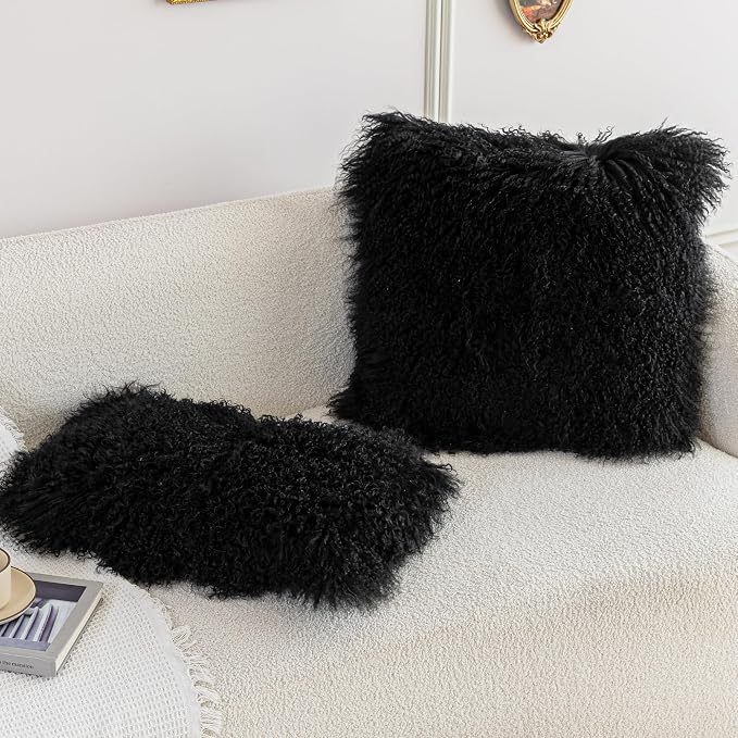 MOOX Mongolian Lamb Fur Pillow Covers Lumbar Throw Sheepskin Pillow Case Genuine Wool Fur Tibetan Accent Living Room Bedroom Decorative Cushion Cover (12 * 20inch Black)