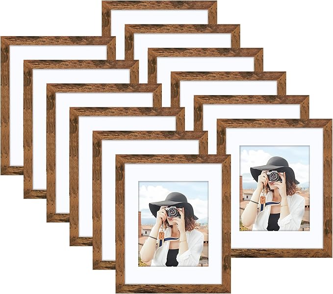 Picrit 8x10 Picture Frame Set of 12, Display 5x7 with Mat or 8x10 without Mat, Photo Frames for Wall Mounting or Table Top Display, Brown