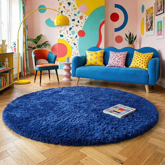 Navy Blue Round Rugs 5Ft for Boys Bedroom, Fluffy Circle Area Rug for Kids, Living Room Decor Aesthetic, Shag Fur Throw Royal Dark Blue Carpet for Baby Nursery, Shaggy Thick Fuzzy Floor Carpets