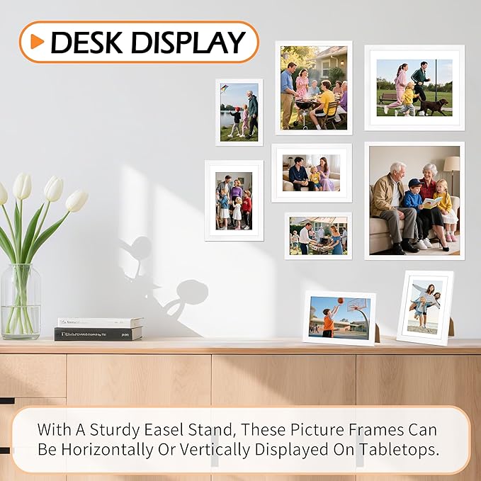 8x10 Picture Frame Set of 2, White Photo Frame for Tabletop or Wall Display, Display Pictures 5x7 with Mat or 8x10 Without Mat, Frame Collage with HD Plexiglass for Gallery Wall Home Decor