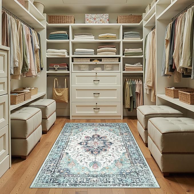 RELEANY Area Rugs 3'x5' Washable Non-Slip, Floral Vintage Distress Print Pattern Medallion Carpet for Living Room Bedroom Dining Room, Green Navy Blue White Red Teal Colorful