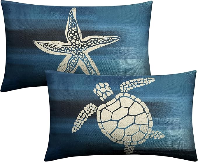 Starfish and Turtle Pillow Covers Sea Ocean Coastal Theme Rectangle Pillow Case 12x20 Beach Nautical Navy Blue Lumbar Throw Pillow Covers for Bedroom Living Room Sofa 2 Pack