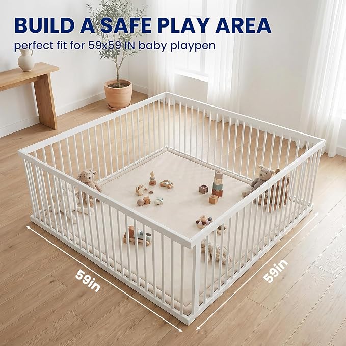 Huloo Sleep Ultra Soft Baby Play Mat for Floor, 1.3" Thick Elasti-Foam 59x59 Play Mat for Playpen,Water-Repellent Coral Velvet for Tummy Time, Non-Slip Backing,Safe for Toddlers & Infants（Beige）