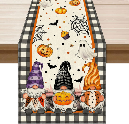 XCHI Spooky Boo Plaid Gnome Halloween Table Runner Party Table Decoration for Home Kitchen Dining Holiday Decor 13x60 Inch