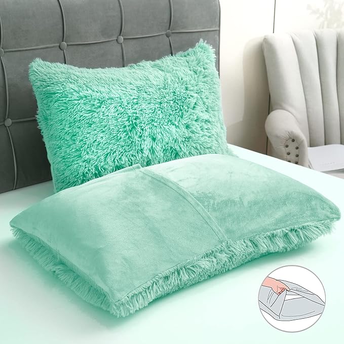 Fluffy Plush Duvet Cover Set Queen Size, Luxury Ultra Soft Velvet Fuzzy Comforter Cover Bed Sets 4Pcs(1 Faux Fur Duvet Cover + 2 Pillow Cases + 1 Pillow Cover) Zipper Closure (Queen, Aqua Green)