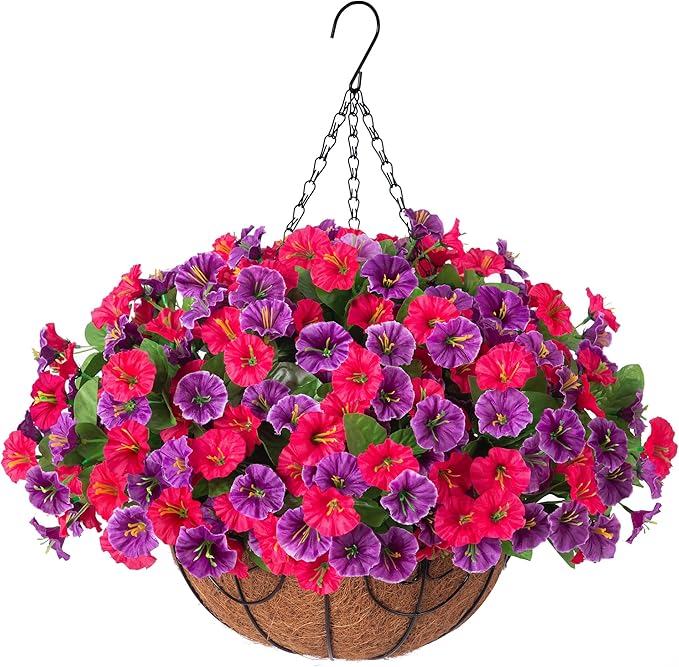 Ammyoo Artificial Fake Hanging Flowers with Basket, Faux Silk Morning Glory Flower Arrangement for Spring Summer Decor, Hanging Plant for Patio Garden Porch Outdoor Decor