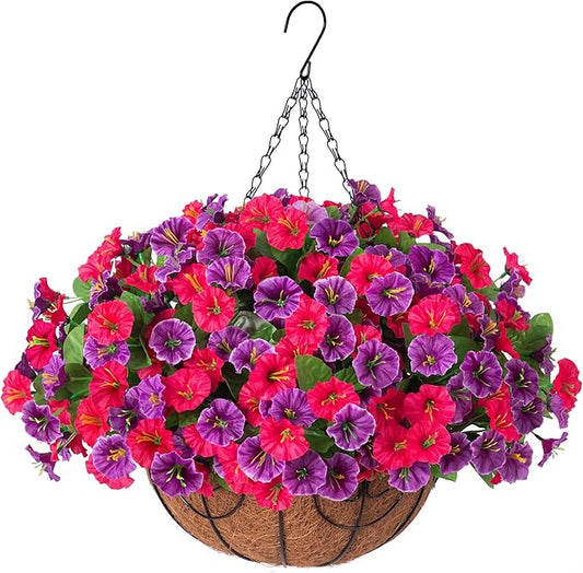 Ammyoo Artificial Fake Hanging Flowers with Basket, Faux Silk Morning Glory Flower Arrangement for Spring Summer Decor, Hanging Plant for Patio Garden Porch Outdoor Decor