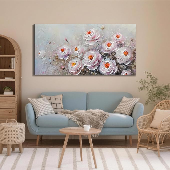 Acocifi Peony Canvas Wall Art Pink Florals Textured Picture 48"x24" | Vintage Impression Artwork, Waterproof Canvas, Easy to Hang, Durable Colorfast, Suitable for Bedroom Living Room Home Decor