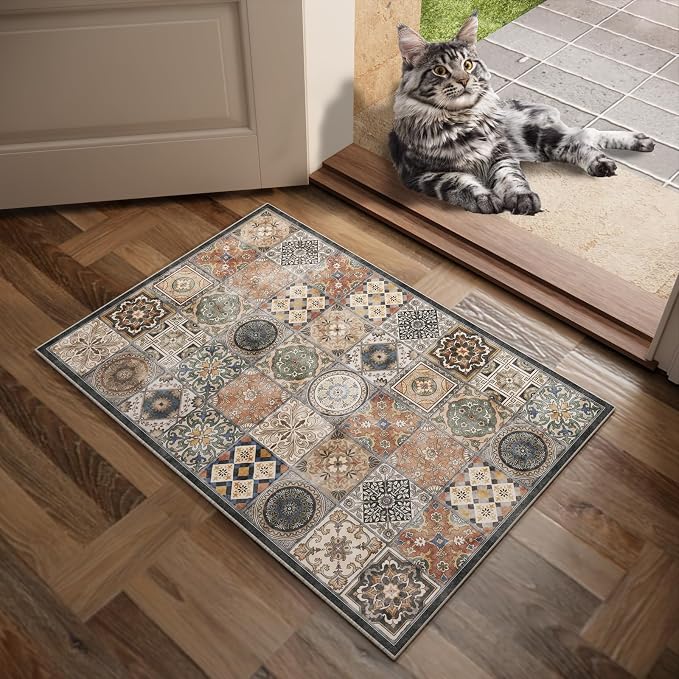 Machine Washable Entryway Small Area Rugs: Soft Non-Slip Low Pile Door Mat Indoor Entrance 2x3 ThrowRug for High-Traffic Areas Kitchen, Hallway, Farmhouse Decor