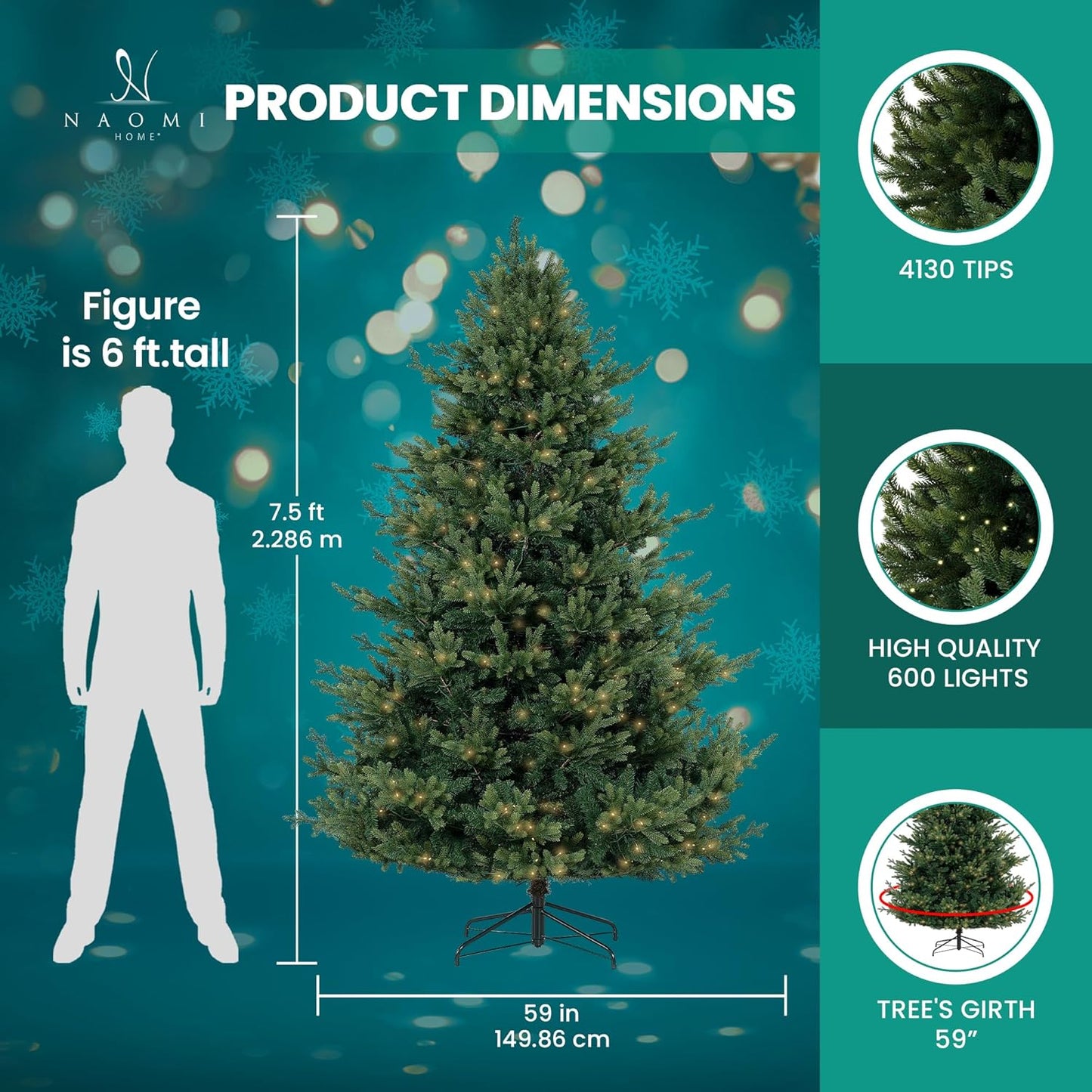 Kinsley 7.5ft Prelit Aritificial Christmas Tree with 4130 Branch Tips, 600 Warm Lights and Metal Stand, 59" Wide Realistic Traditional Christmas Tree with Lights by Naomi Home