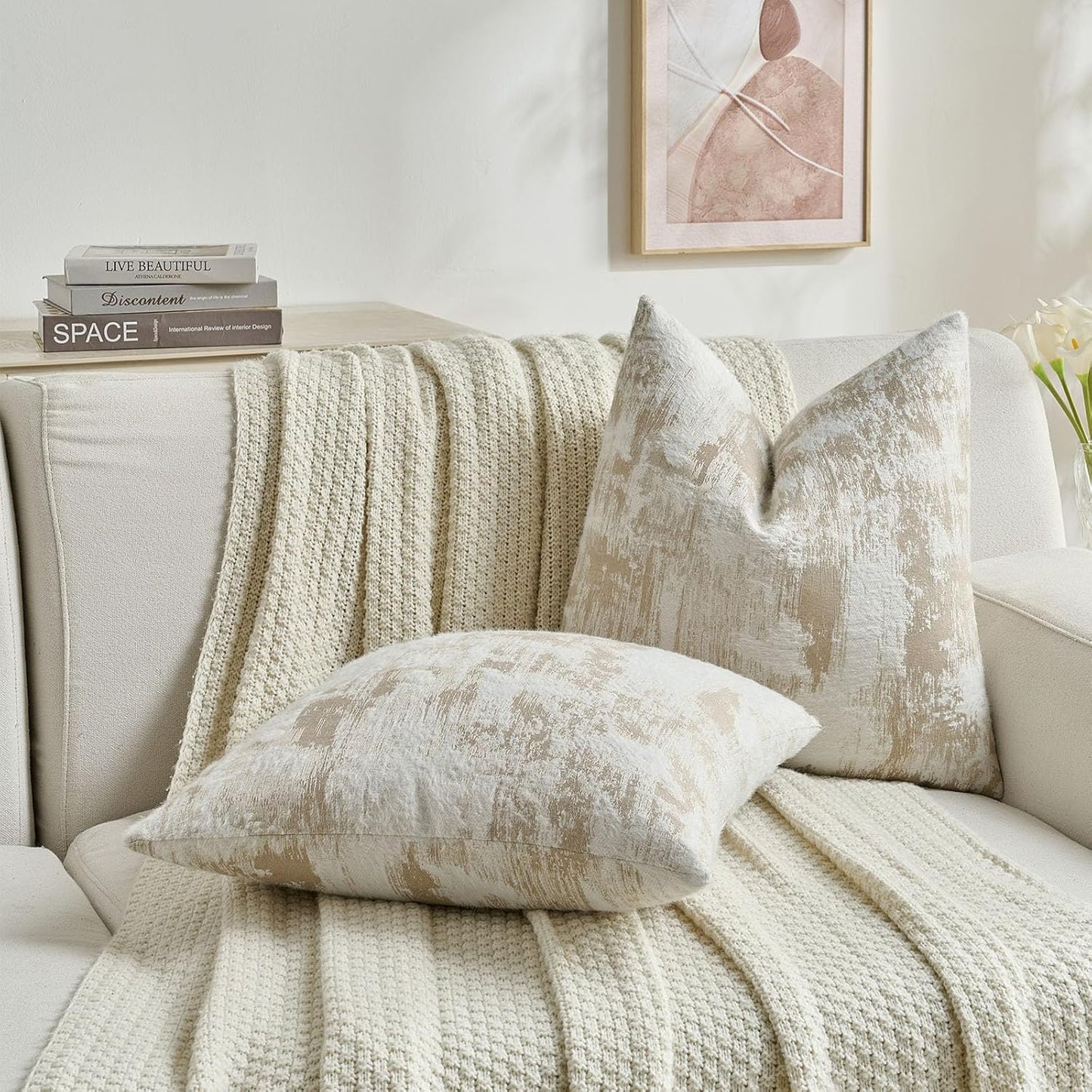 FUTEI Brown White Decorative Throw Pillow Covers 24x24 Inch Set of 2,Soft Faux Cashmere Jacquard - Textured & Cozy Euro Pillow Shams,Modern Home Decor for Couch Bed Living Room