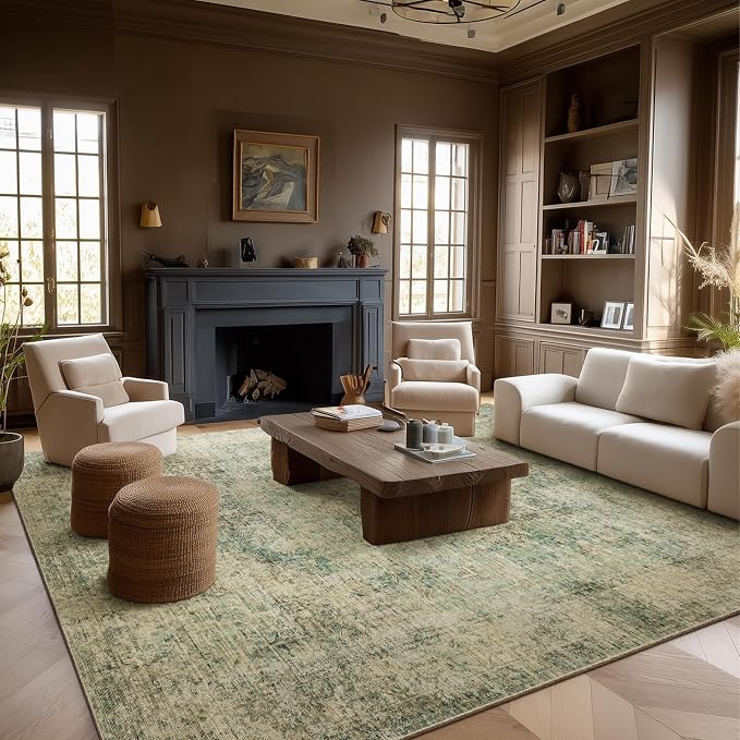 Machine Washable Rugs for Living Room: 8x10 Area Rugs for Bedroom Ultra Soft Non-Slip Low Pile Vintage Distress Boho Large Carpet for High-Traffic Dining Room - Farmhouse Decor