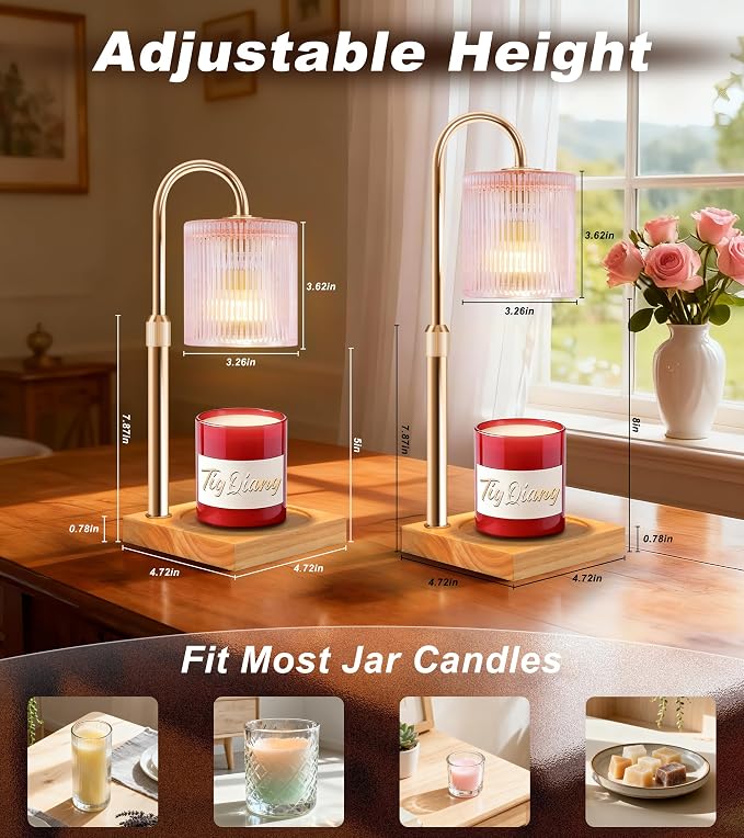 TigQiang Adjustable Height Candle Warmer Lamp, Candle Lamp Timer Dimmer 7 Levels, Compatible All Jar Candles, Top Melting, Cystal Candle Heater Lamp for Scented Wax, Elegant Home Decoration, Pink