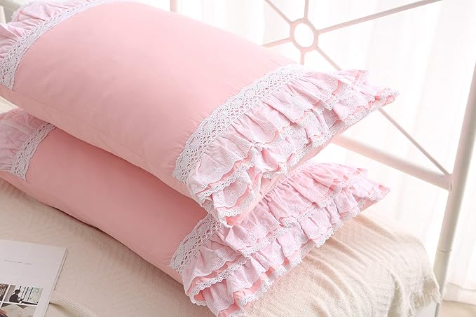 2-Pack Pink Pillow Shams Cases Covers with Ruffles and Lace Cotton Queen Size 30"X20"Soft Boudoir Luxurious