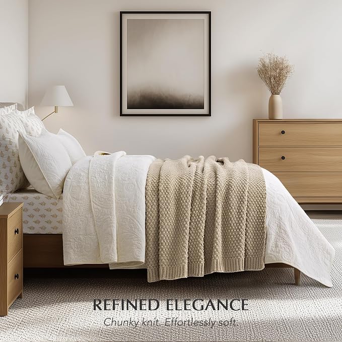 EVERGRACEHOME Chunky Chenille Knit Throw Blanket for Couch, Soft Luxurious Moss Stitch Blankets for Bed, Cozy Decorative Farmhouse Knitted Throws for Sofa, Sand Dune, 60" x 80"