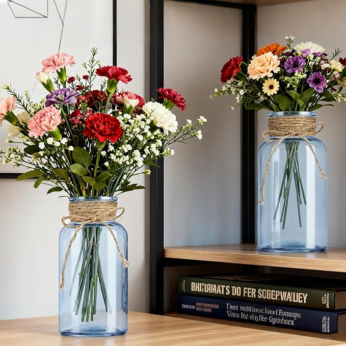 Vintage Glass Flower Vase, Farmhouse Glass Centerpiece Vases Mason Jars for Weddings, Parties & Home Decor Bulk (3, Blue)