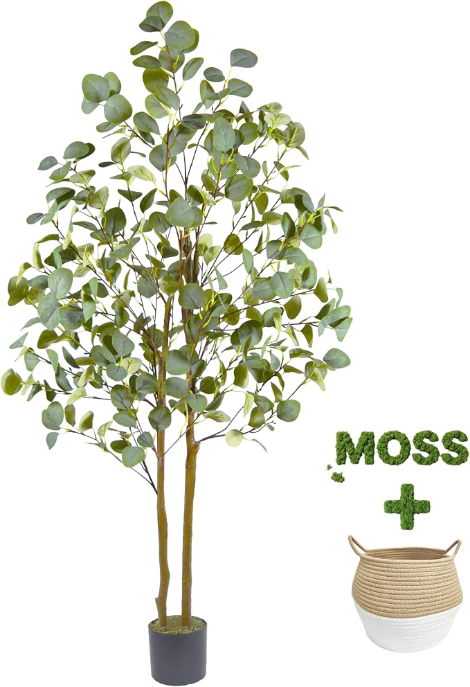 Warmplants Artificial Eucalyptus Tree, 5ft Tall Fake Eucalyptus Plant with Woven Basket, 60'' Silk Leaves Faux Tree for Indoor Home Office Livingroom Garden Floor Décor