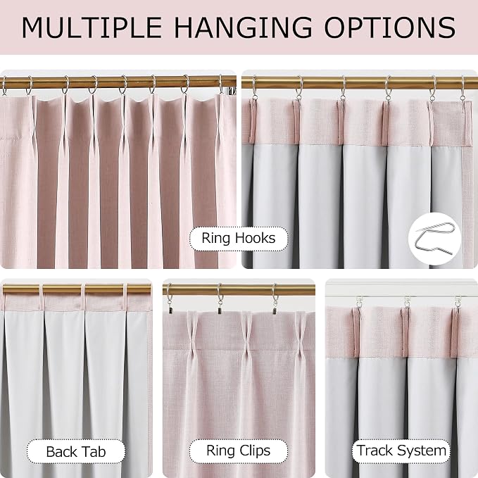 Vision Home Soft Pink Pinch Pleated Full Blackout Curtains Linen Blended Room Darkening Window Panels 90 inch for Living Room Bedroom Thermal Insulated Pinch Pleat Drapes with Hooks 60" Wx90 Lx1