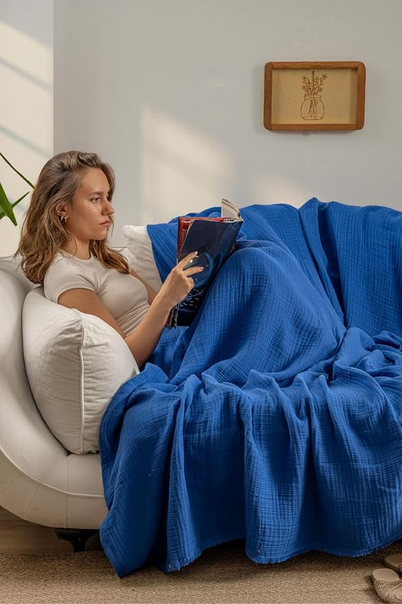Muslin Blanket - Pure 100% Turkish Cotton Airy Soft Light Versatile Gauze Throw Blanket for Bed, Couch, Sofa (Blue, California King Size (95" x 125" inch))