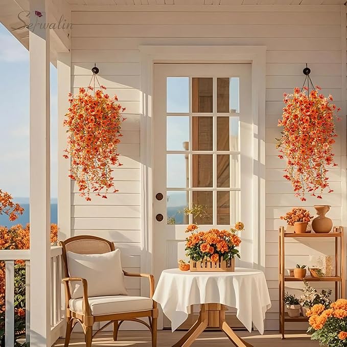 Serwalin 4PCS Artificial Mums for Outdoors, Realistic Silk Artificial Fall Flowers for Outside, Patio, Garden, Porch, Window（Fall Orange,4PCS