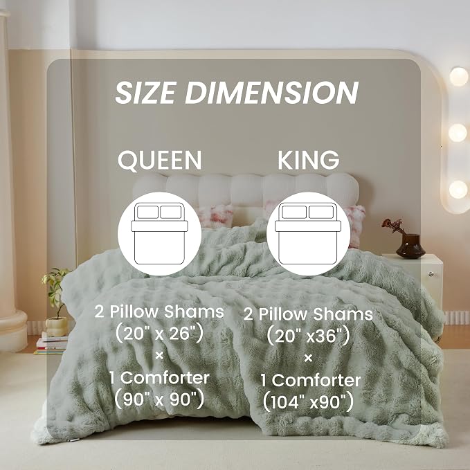 Simple&Opulence Fluffy Faux Fur Comforter Set, Plush Fuzzy Minky Bedding Set, 3 Pieces Warm Soft Comforter Bedding Set for Winter - 1 Shaggy Comforter with 2 Pillow Shams(King, Light Green)