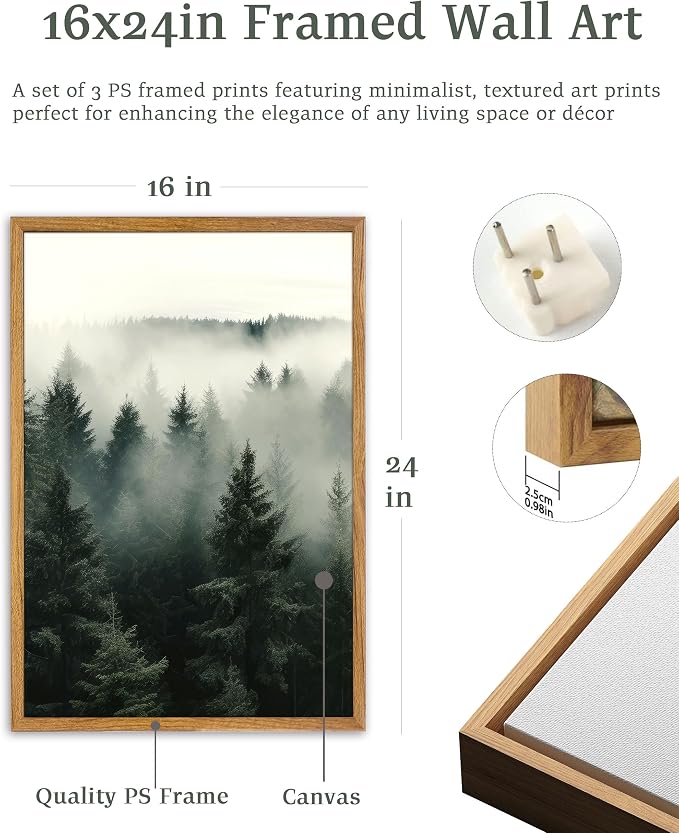 UPWOIGH Foggy Forest Framed Wall Art, 16 x 24 Inch, Set of 3 | Misty Evergreen Forest Triptych Prints, Moody Nature Design, Warm Wood Frames for Bedroom, Office and Living Room