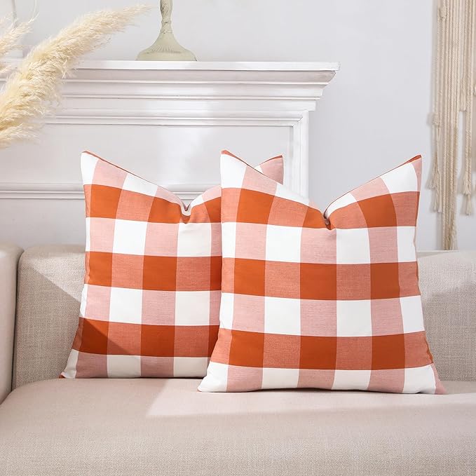 CARRIE HOME Burnt Orange Fall Buffalo Plaid Throw Pillow Covers 18x18 Set of 2 Checkered Throw Pillow Outdoor Fall Front Porch Decor for House and Yard