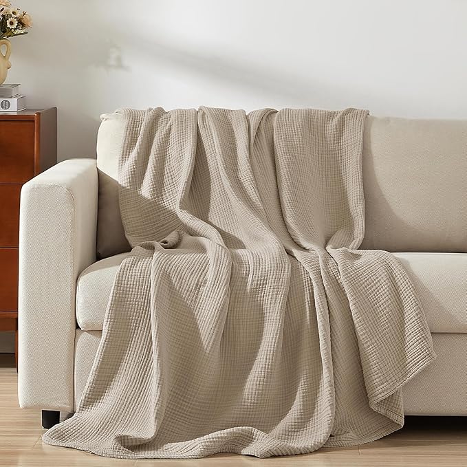 PHF 100% Cotton Muslin Blanket King Size 108"x90", 4-Layer Lightweight Gauze Throw, Breathable Cloud-Soft Minimalist Blanket for Bed, Couch, Camping & Baby, Taupe, Ideal Gift