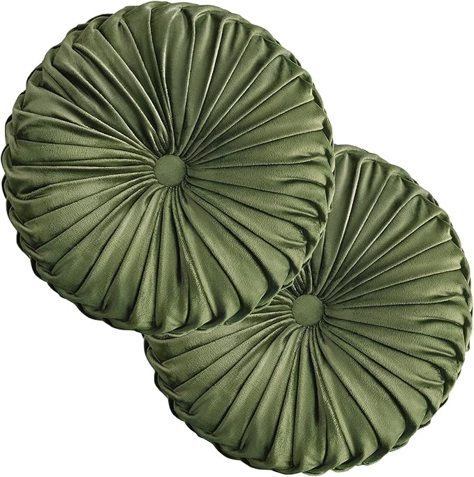 Teieas 2 Pcs Round Throw Pillows Decorative Pumpkin Velvet Boho Pleated Bed Pillows Back Support for Couch Chair Dorm Car 14.96'' (Olive)