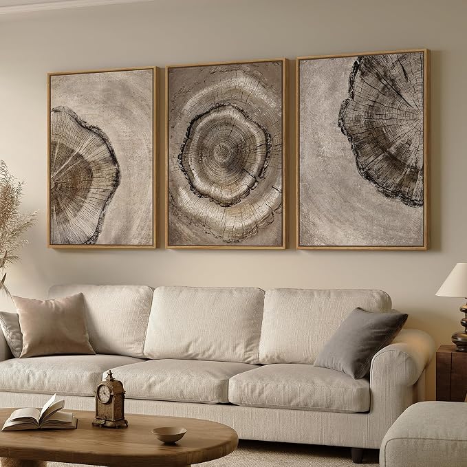 Large Framed Neutral Vintage Wall Art for Living Room, 3 Piece Retro Rustic Tree Ring Prints Canvas Artwork for Walls, Nature Paintings Pictures for Bedroom Hallway Home Office Wall Decor, 24x36 Inch