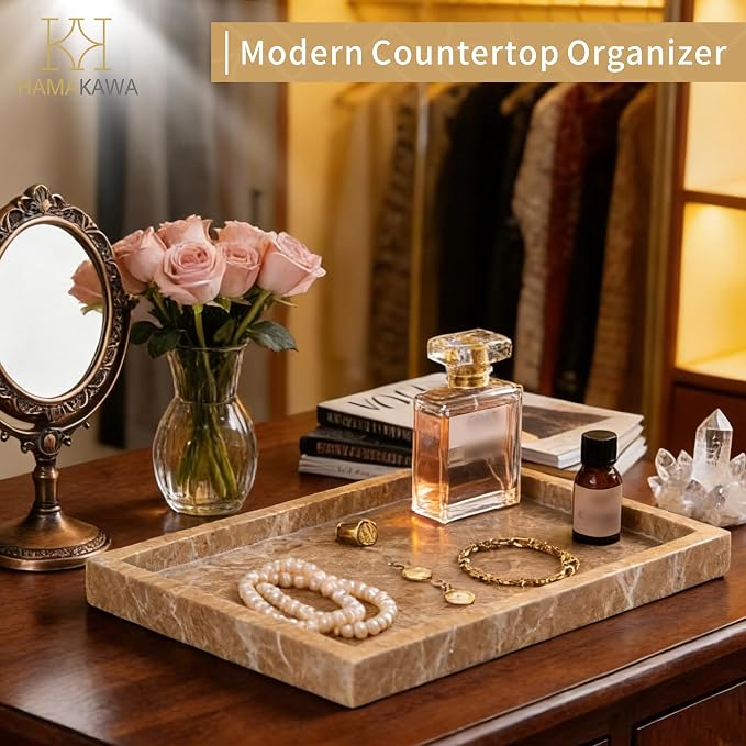 Large Bathroom Vanity Tray, Real Natural Marble Tray 12 inch, Emperador Light Marble Stone Toilet Tank Trays, Modern Dresser Trays, Countertop Organizer for Kitchen Counter, Soap Dispenser