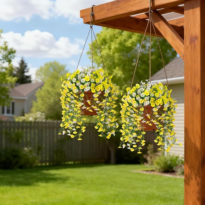 Fake Artificial Hanging Morning Glory Flowers for Outdoor Planters Porch Pation Decoration,8 Bundles UV Resistant Silk Faux Flowers with Realistic Eucalyptus Plants for Home Office Garden Decor