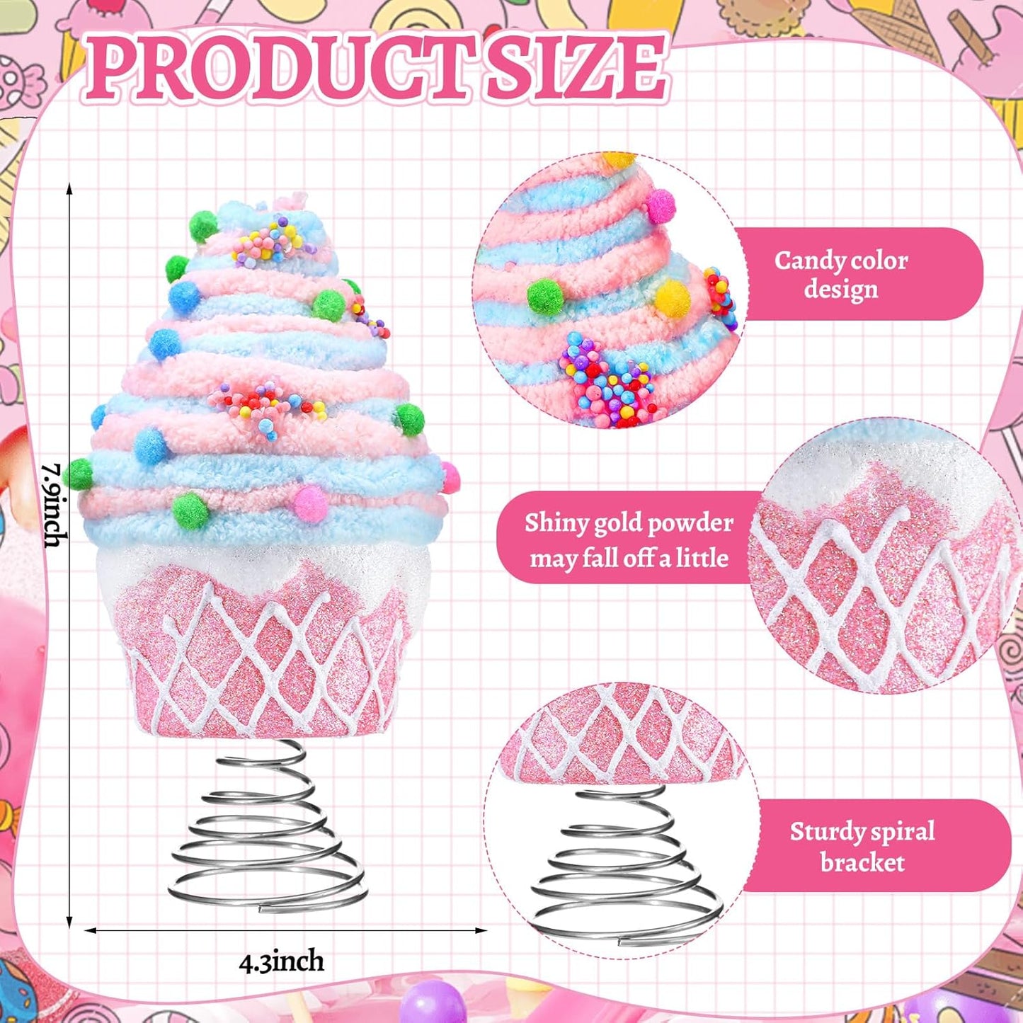 Retisee 7.9 Inch Pastel Dessert Christmas Tree Topper Pink Cupcake Tree Topper Candy Donut Christmas Tree Decoration Pastel Christmas Ornaments for Christmas New Year Birthday Party Decor