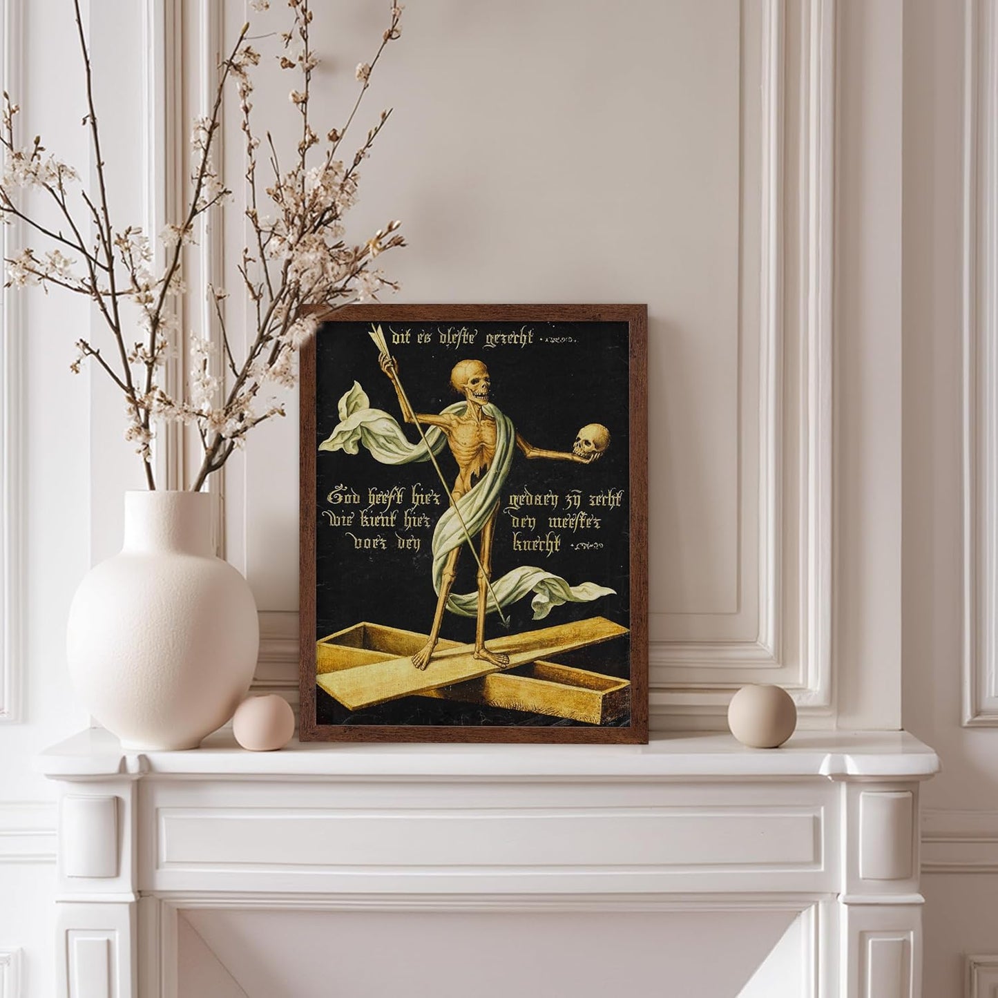 Poster Master Vintage Medieval Poster - Retro Gothic Print - Gift for Artist, Friend - Allegory of Life and Death, Skeleton, Dark, Skull - Wall Decor for Home, Living Room, 11x14 Brown Framed