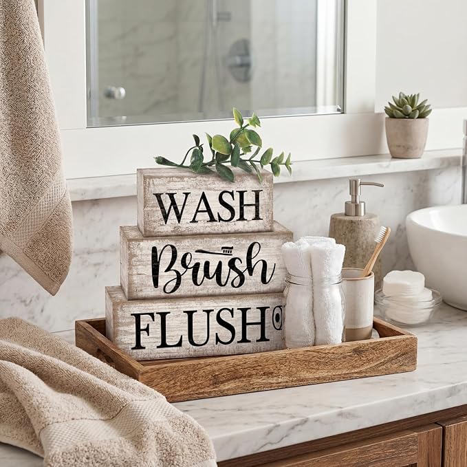 Moucuny 4 Pcs Farmhouse Table Decor Bathroom Wooden Signs Rustic Eucalyptus Leaves Wooden Block Sign Gift Wash Brush Flush Farmhouse Table Centerpiece for Living Room Housewarming Gift