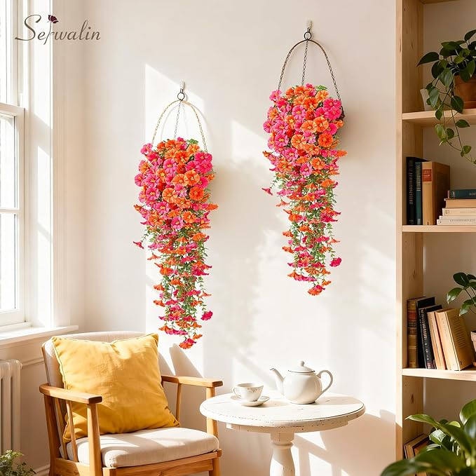 Serwalin Artificial Hanging Flowers for Outdoors Faux Plants, 4PCS Faux Morning Glory Fake Outdoor Flowers UV Resistant Realistic Silk Flower for Outside Planter Front Door Porch Patio Yard Decor