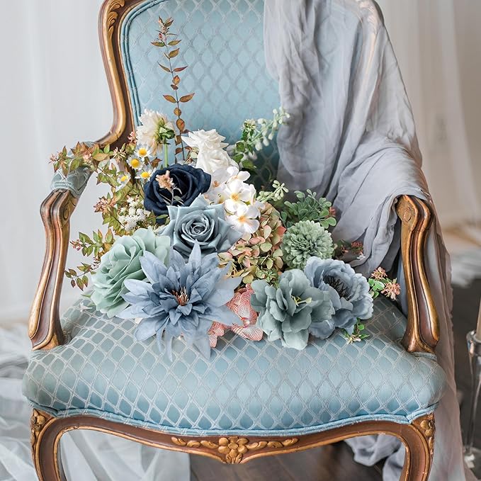 Artificial Flowers Combo Box, 28PCS Fake Flowers, Silk Flower Mix with Wire Stem, DIY Wedding Bridal Bouquet for Arrangement, Shower Party Home Décor, Dusty Blue & Sage Mix