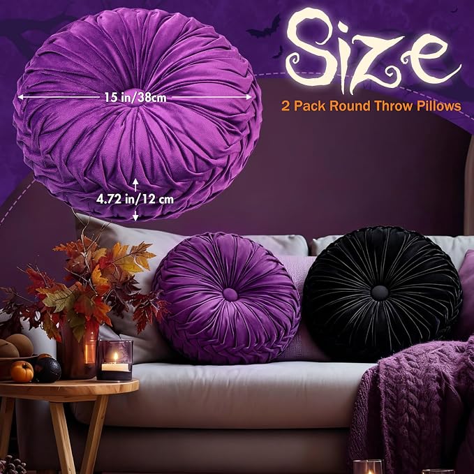Beeveer 2 Pcs Round Throw Pillows 15 Inch Decorative Velvet Pleated Pumpkin Pillows Boho Floor Pillow with Center Button for Living Room Couch Chair Bed Sofa Home Decoration (Black and Purple)