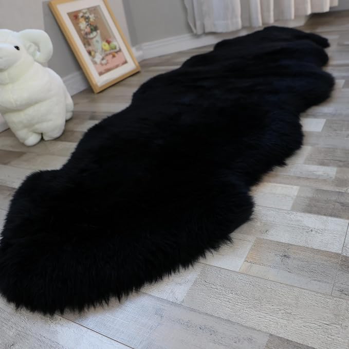 Sheepskin Rug, Fluffy Shag Area Rug, Super Soft 24” x 72“ Sheepskin Hair Rug, Inky Black Pile Rug, Decorative Throw Rugs for Bedrooms, Children's Rooms, Living Rooms (Inky Black, 24" x 72")