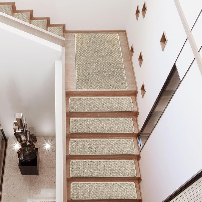 PURE ERA Carpet Stair Treads Tape Free Non Slip Indoor Stair Carpet Stair Protectors Pet-Friendly Non-Slip Skid Resistant Washable Reusable 8" x 30"(14 Pieces,Cream Gray Mini-Diamond Trellis)
