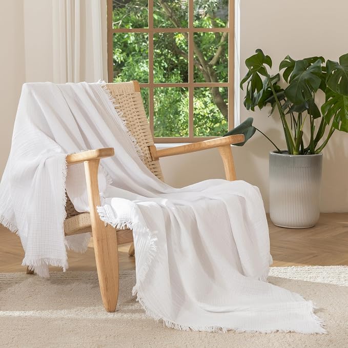 MooMee Muslin Blanket - 100% Cotton 4-Layer Gauze Throw Blanket with All-Around Fringe, Soft Breathable Lightweight Cooling Summer Blankets for Bed Couch (Bright White,Throw XL 50" x 70")