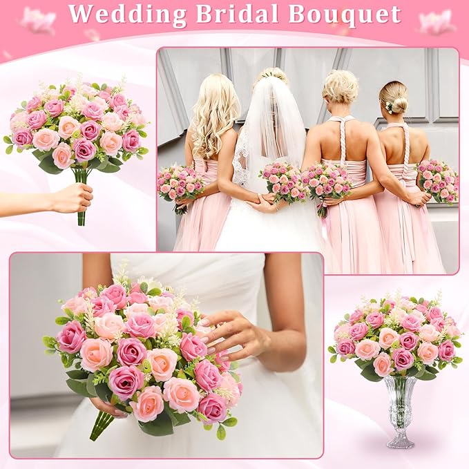 TURNMEON 40 Heads Fake Roses Artificial Flowers for Outdoors Summer Decor, 4 Bouquets UV Resistant Fake Flower Bouquet Faux Silk Roses for Wedding Birthday Party Home Mother's Day Cemetery Decor(Pink)