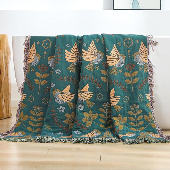 100% Cotton Boho Throw Blanket for Couch 4-Layer Gauze Ultra Soft Breathable Rustic Quilt 50" x 60" Birds and Floral Muslin Summer Blanket for Sofa Chair Bed Home Decor,Teal