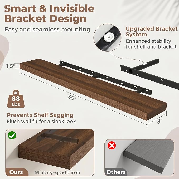 55 Inch Floating Shelves for Wall, 8"D Wood Storage Shelves, Walnut Finish | Engineered Wood, Invisible Bracket, Large Storage, Easy Install, Hold Up to 88lbs, Living Room, Bathroom, Bedroom, Kitchen