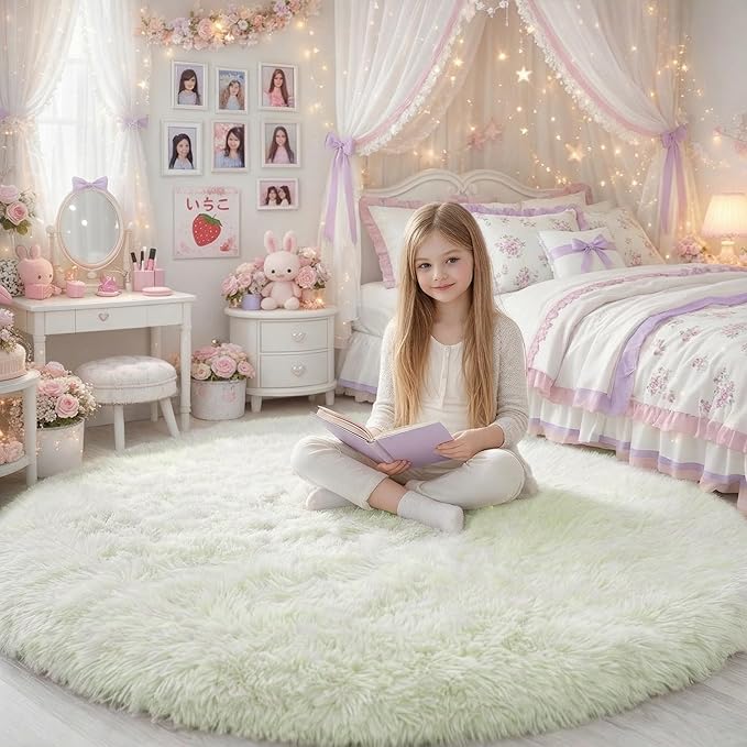 Amdrebio Ivory White Round Circle Rug 6Ft for Kids Bedroom Aesthetic, Big Shag Fluffy Fuzzy Boho Area Rugs for Living Room, Circular Plush Soft Shaggy Cream Carpet for Baby Nursery Teen Girls Boys