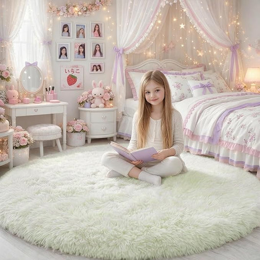 Amdrebio Ivory White Round Circle Rug 6Ft for Kids Bedroom Aesthetic, Big Shag Fluffy Fuzzy Boho Area Rugs for Living Room, Circular Plush Soft Shaggy Cream Carpet for Baby Nursery Teen Girls Boys