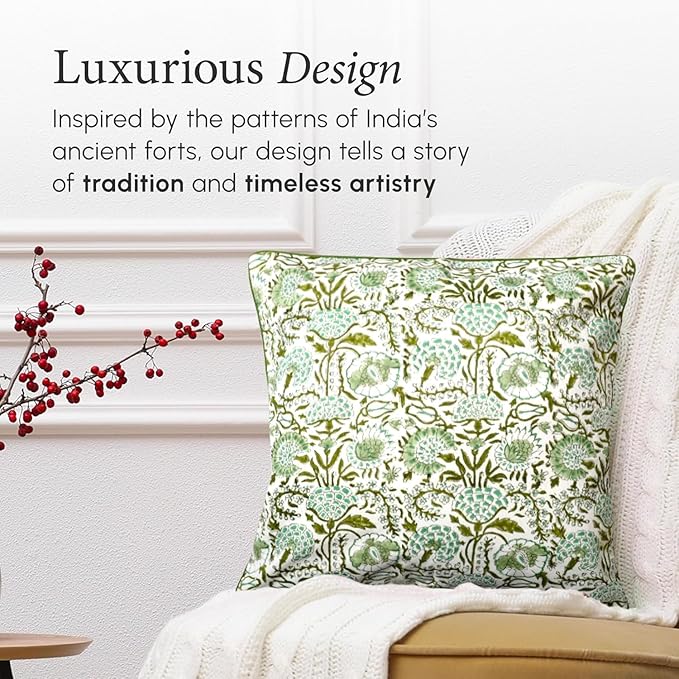 CPC 100% Cotton Throw Pillow Covers 16X16 Green Block Print Pattern Couch Pillow, Cute Boho Decorative Pillows for Living Room, Bedroom with Hidden Zipper- Agate Green
