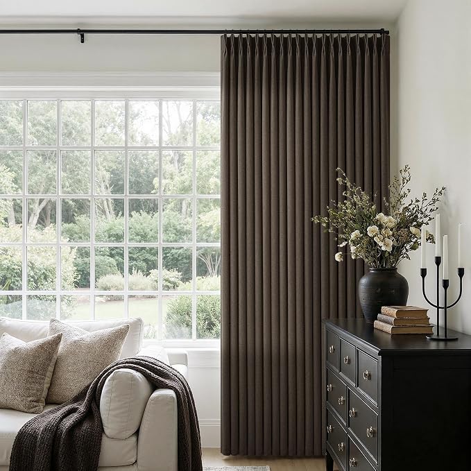 92 Inch Chocolate Brown Pinch Pleated Linen Curtains 2 Panels for Living Room Bedroom Luxury Modern Pinch Pleat with Hooks Rings Back Tab Light Filtering Semi Sheer Pleated Drapes 92 Inch Length