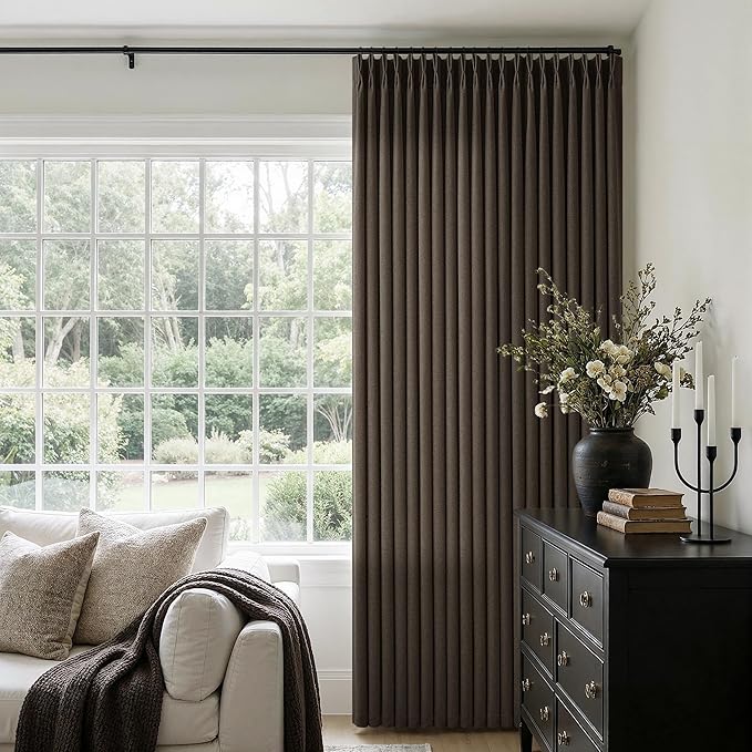 Chocolate Brown Pinch Pleated Linen Curtains 84 Inch Length 2 Panels for Living Room Bedroom Aesthetic Pinch Pleat Back Tab Light Filtering Semi Sheer Luxury Modern Pleated Drapes 84 Inches Long