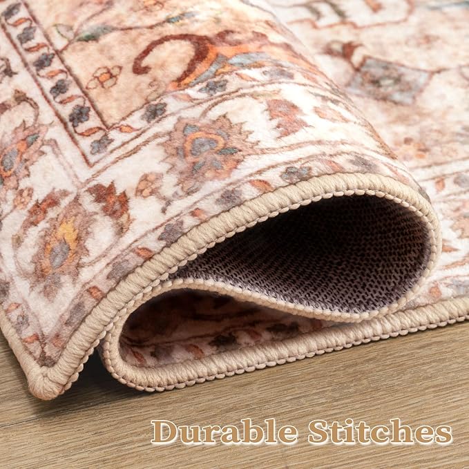 SERISSA 4x6 Boho Bedroom Rug, Washable Non Slip Vintage Peach Cream Area Rugs, Ultra Soft Print Distressed Tribal Entry Rug Low-Pile Throw Carpet for Nursery Dorm Kitchen Living Room Decor